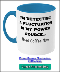 Star Trek coffee mug with power source fluctuation joke – quirky gift for sci-fi fans who run on caffeine